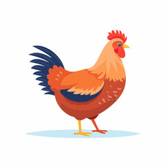 Fototapeta premium Vibrant cartoon rooster illustration featuring orange, red, and blue tones on white backdrop