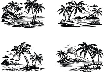 Stylized monochrome illustrations of tropical beaches with palm trees, clouds and water