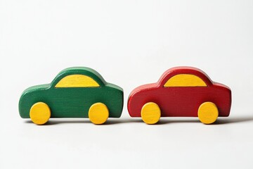 Close-up of colorful wooden toy cars in a row. Focus on green car in foreground. Minimalistic background. Bright and playful mood. Educational wooden toys. Child development concept. Copy space