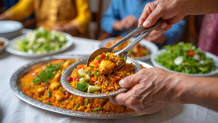Serving Delicious Golden Turmeric Chicken and Rice Food at a Family Gathering