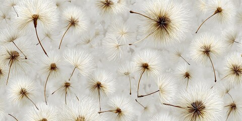 A dense pattern of fluffy dandelion seed heads on a bright white background