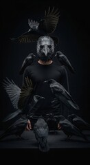 Fototapeta premium Mysterious man dressed in black wearing an elaborate crow mask, surrounded by flying crows and dramatic shadows, Halloween theme