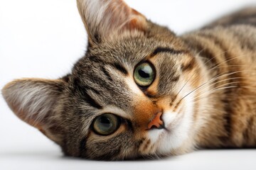 Happy cat model posing sideways against a clean white background, perfect for pet lovers and animal enthusiasts looking for charming feline photography
