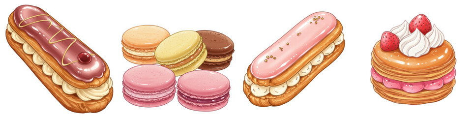  Set of isolated French pastries including macarons and éclairs