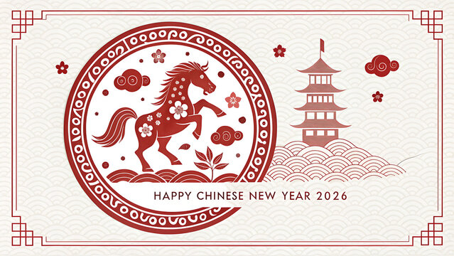 A decorative graphic illustration of a red horse inside a red circle frame with floral accents and the words happy Chinese new year 2026 for a festive design