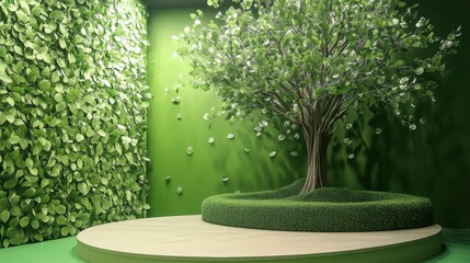 Lush green room with tree, plants, and leaves on walls.
