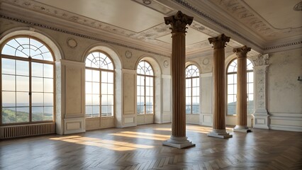 Grand Classical Interior with Large Arched Windows and Elegant Columns in Natural Light
