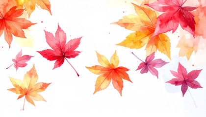 白背景に映える紅葉の水彩イラスト、秋の風景・落ち葉・手描き風生成AI素材