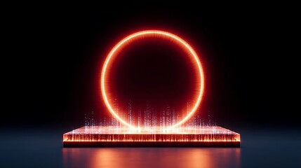 Futuristic glowing neon circle with square platform on dark background