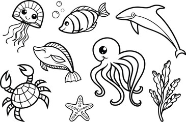 Fototapeta premium Outline drawing of sea creatures including jellyfish fish dolphin octopus crab starfish and seaweed vector art