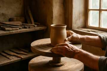 Artisan shaping clay pot on pottery wheel in workshop