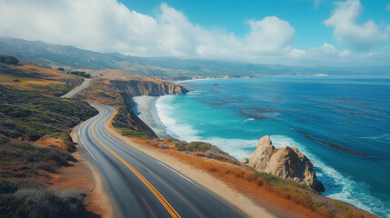 a road trip along a coastal highway with ocean views and cliffs