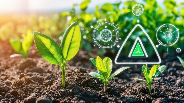 Smart Agriculture: A close-up shot of young seedlings sprouting from fertile earth, a digital interface seamlessly integrated, showcasing the synergy between nature and agricultural innovation.