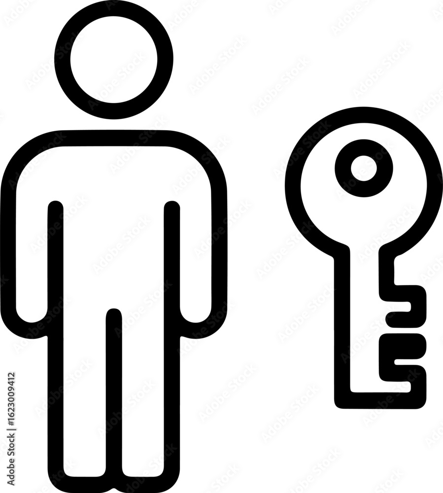 Poster simple line icon of a person standing next to a key