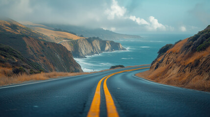 a road trip along a coastal highway with ocean views and cliffs