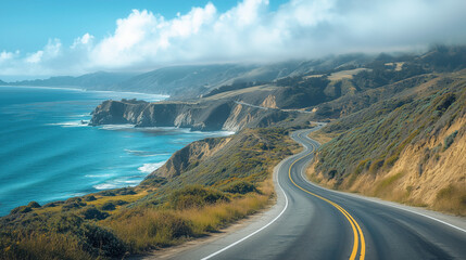 a road trip along a coastal highway with ocean views and cliffs