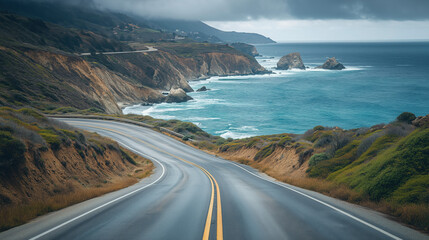 a road trip along a coastal highway with ocean views and cliffs