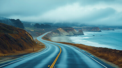 a road trip along a coastal highway with ocean views and cliffs