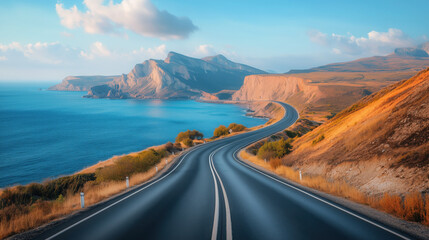 a road trip along a coastal highway with ocean views and cliffs