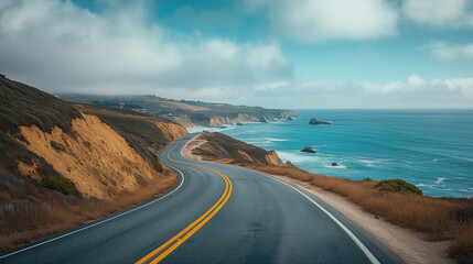 a road trip along a coastal highway with ocean views and cliffs