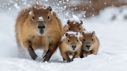 Two capybaras, one in front and the other behind, are leading three baby capybaras, struggling to walk in the ice and snow
