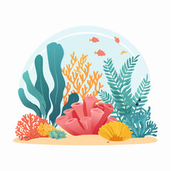 Vibrant Undersea World: Cartoon Illustration of Marine Life in a Dome-Shaped Habitat