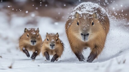 Two capybaras, one in front and the other behind, are leading three baby capybaras, struggling to walk in the ice and snow
