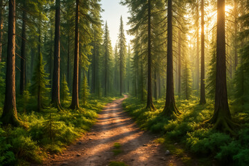 Serene forest path illuminated by golden sunlight at dawn