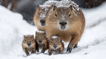 Two capybaras, one in front and the other behind, are leading three baby capybaras, struggling to walk in the ice and snow

