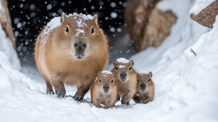 Two capybaras, one in front and the other behind, are leading three baby capybaras, struggling to walk in the ice and snow
