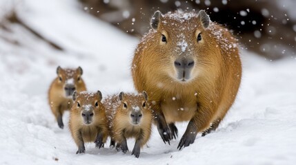 Two capybaras, one in front and the other behind, are leading three baby capybaras, struggling to walk in the ice and snow
