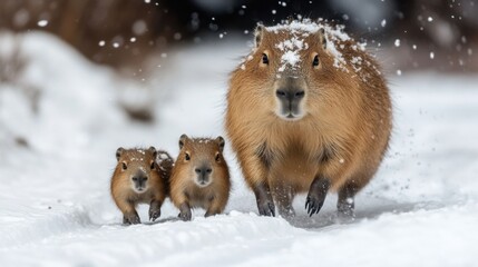 Two capybaras, one in front and the other behind, are leading three baby capybaras, struggling to walk in the ice and snow
