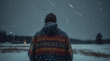 Man standing alone in snowy field under starry sky, surrounded by falling snow, reflecting solitude and cosmic calm