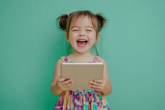 Happy little girl holding tablet and laughing on turquoise background, enjoying technology and online entertainment - Powered by Adobe