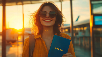 Smiling woman with sunglasses and passport at airport. Bright, confident mood evokes summer travel, freedom, and modern lifestyle
