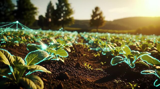 Vibrant Green Plants Flourishing in Farm Field Under Clear Sky with Technological Graphic Overlays at Golden Hour