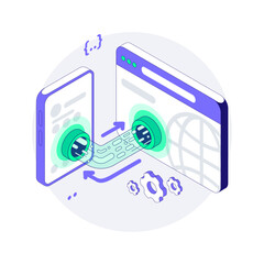 Api connects Mobile and Web applications in Browser. A Pipe that Transmits Information. Data Flows through a secure Pipe. Cross platform communication. Isometric Vector illustration