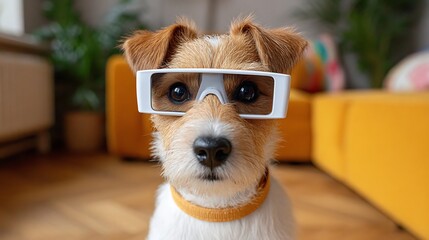 Dog wearing futuristic glasses in modern living room with curious expression