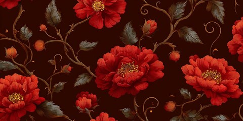 Deep red flowers and golden foliage create an elegant vintage pattern
