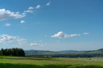 Beautiful nature with a view of the distant Krzeszów, Nature reserve Boulders Dwarfs in Gorzeszow,...