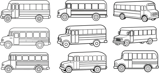 School Bus Black and White Outline – Vector Illustration for Coloring Pages.
