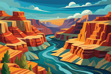 Grand Canyon Landscape With River, Sandstone Cliffs, Blue Sky and White Clouds