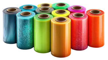 Colorful Plastic Wrap Rolls: An eye-level, high-angle shot showcases a collection of vibrant plastic wrap rolls, highlighting the variety of colors and textures of the packaging materials. 