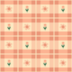 Flower on checkered seamless pattern for tablecloth kitchen decor. decorative floral fabric design