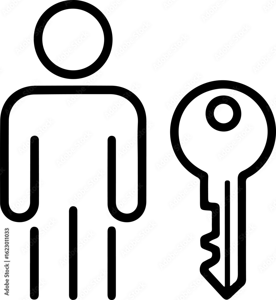 Poster simple line art icon of a person standing next to a key representing access or security