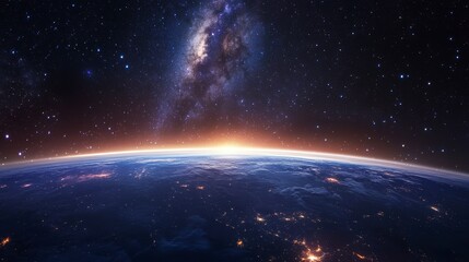 Stunning sunrise over Earth with Milky Way galaxy in the background.