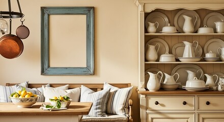 Warm and inviting farmhouse kitchen with an antique hutch displaying white dishes, a wooden table with lemons, and a blank rustic frame for design mockups.