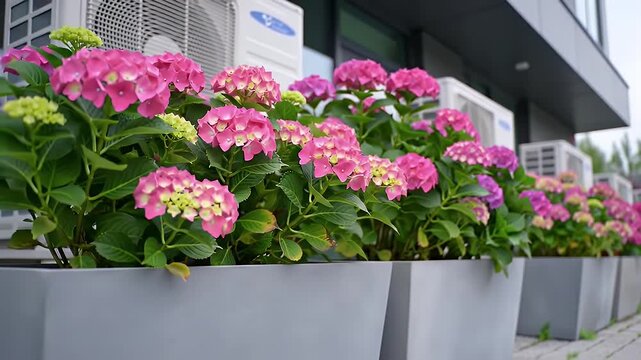 Vibrant Pink And Purple Hydrangeas in Gray Planters Against a Modern Building Exterior