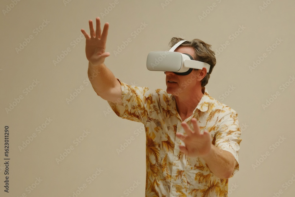 Aufkleber man wearing a vr headset, fully immersed in virtual reality, interacting with digital elements and t