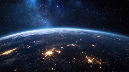 Fototapeta premium Night Earth view from space showing city lights and Milky Way.